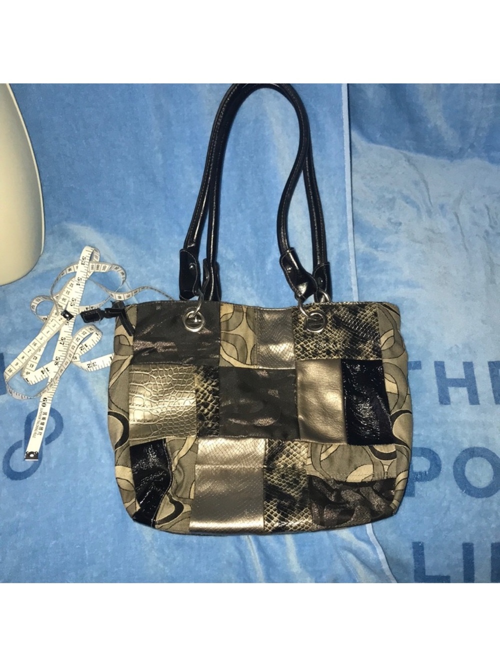 Grey and black Patchwork Shoulder Tote bag
